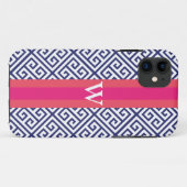 Navy en Roze Griekse Sleutel Monogram Case-Mate iPhone Case (Achterkant (horizontaal))