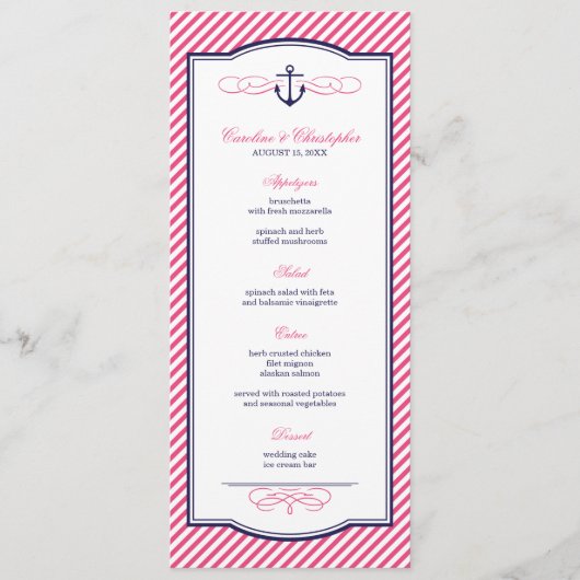 Navy en Roze Nautisch Anker Bruiloft Menu Kaart (Voorkant)