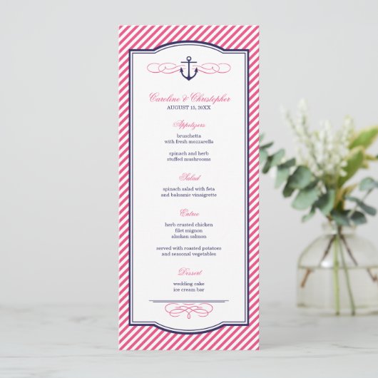 Navy en Roze Nautisch Anker Bruiloft Menu Kaart (Staand voorkant)
