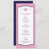 Navy en Roze Nautisch Anker Bruiloft Menu Kaart (Voorkant / Achterkant)