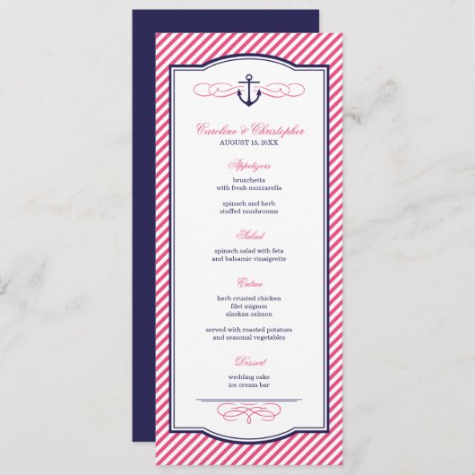 Navy en Roze Nautisch Anker Bruiloft Menu Kaart (Voorkant / Achterkant)