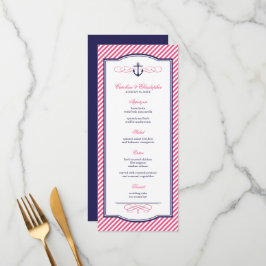 Navy en Roze Nautisch Anker Bruiloft Menu Kaart
