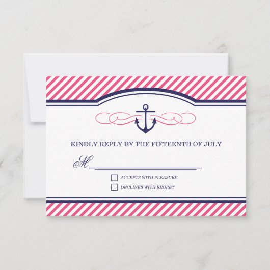 Navy en roze nautische anker bruiloft RSVP Kaart (Voorkant)