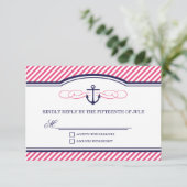 Navy en roze nautische anker bruiloft RSVP Kaart (Staand voorkant)