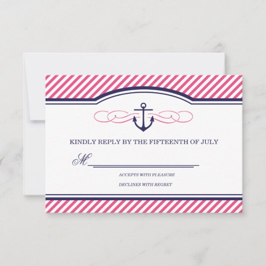 Navy en roze nautische anker bruiloft RSVP Kaart (Voorkant)