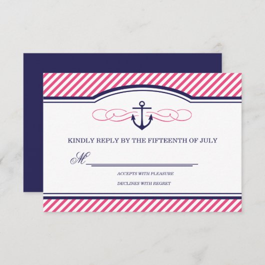 Navy en roze nautische anker bruiloft RSVP Kaart (Voorkant / Achterkant)
