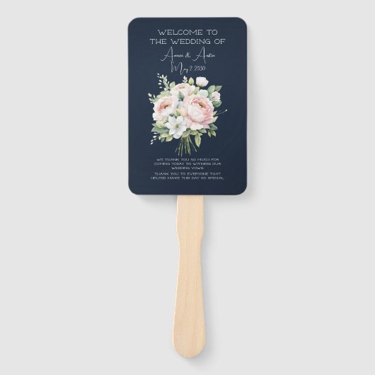 Navy en roze pioen bruiloft handwaaier (Voorkant)