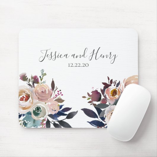 Navy en Roze Waterverf Bloemen Muismat (Met muis)