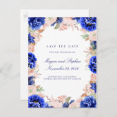 Navy en Roze Waterverf Flowers Save the Date Aankondigingskaart (Voorkant / Achterkant)