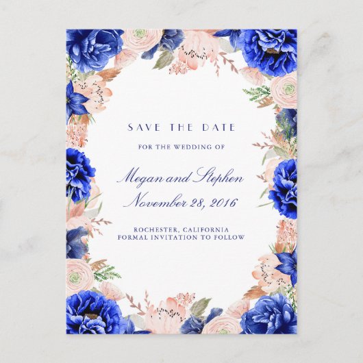 Navy en Roze Waterverf Flowers Save the Date Aankondigingskaart (Voorkant)