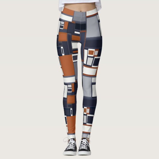 Navy en Rust Mid Century Modern Patroon B Leggings (Voorkant)
