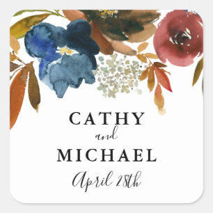 Navy en Rust Waterverf Bloemen bruiloft gunst Vierkante Sticker