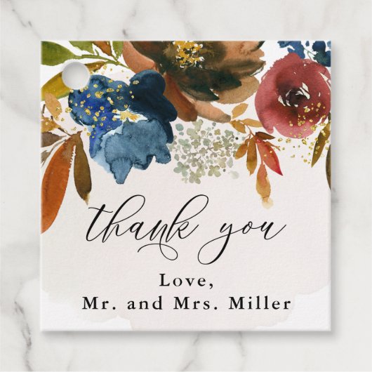 Navy en Rust Waterverf Boho Bruiloft Bloemen Bedankjes Labels (Voorkant)