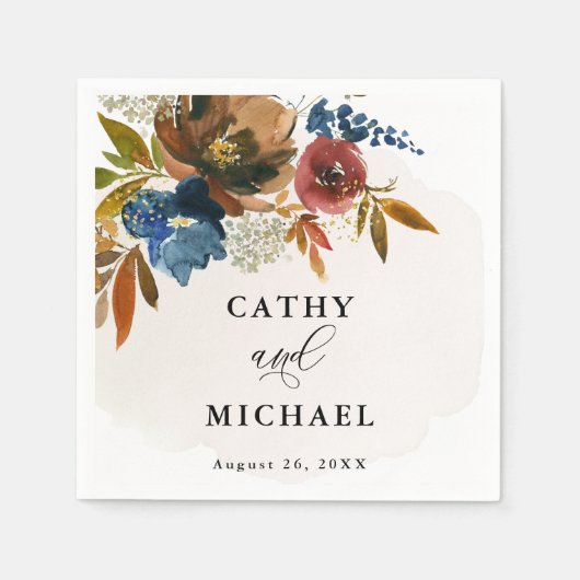 Navy en Rust Waterverf Boho Floral Gepersonaliseer Servet (Voorkant)
