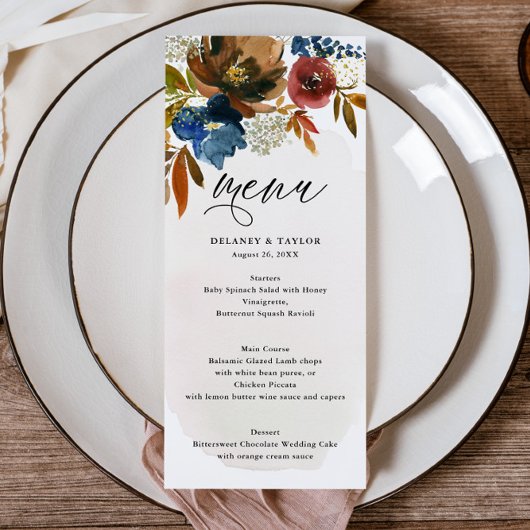 Navy en Rust Waterverf Boho Floral Menu