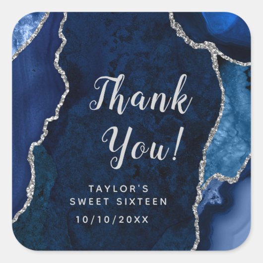 Navy en Silver Agaat Sweet Sixteen Dank u Vierkante Sticker (Voorkant)