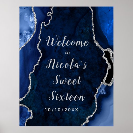 Navy en Silver Agaat Sweet Sixteen Welkom Poster (Voorkant)