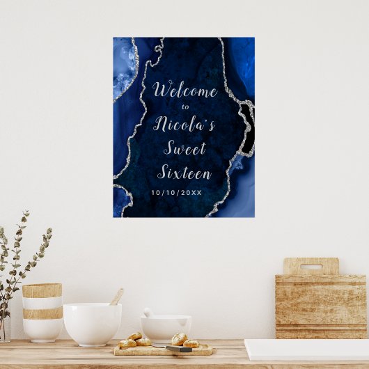 Navy en Silver Agaat Sweet Sixteen Welkom Poster (Keuken)