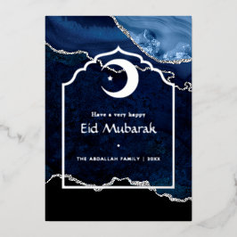 Navy en Silver Agate Eid Mubarak Folie Feestdagenkaart