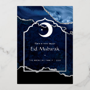 Navy en Silver Agate Eid Mubarak Folie Feestdagenkaart