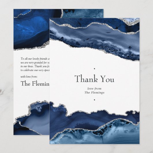 Navy en Silver Agate Wedding Bedankkaart (Voorkant / Achterkant)