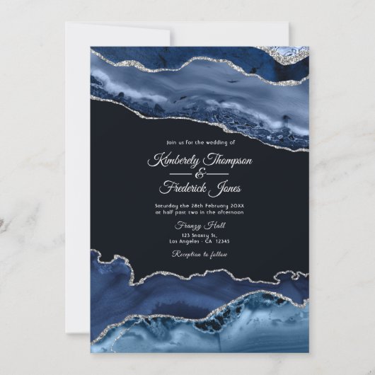 Navy en Silver Agate Wedding Kaart (Voorkant)