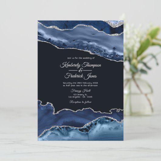 Navy en Silver Agate Wedding Kaart (Staand voorkant)