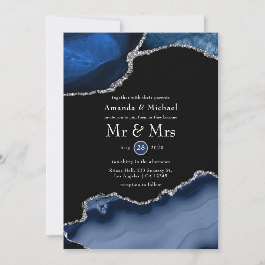 Navy en Silver Agate Wedding Kaart (Voorkant)