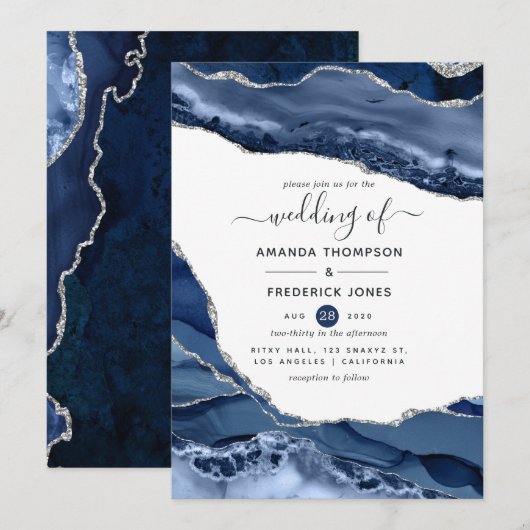 Navy en Silver Agate Wedding Kaart (Voorkant / Achterkant)