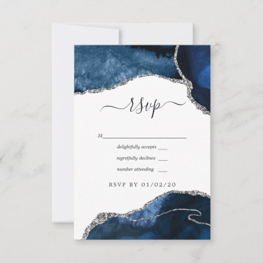 Navy en Silver Agate Wedding RSVP Kaartje (Voorkant)