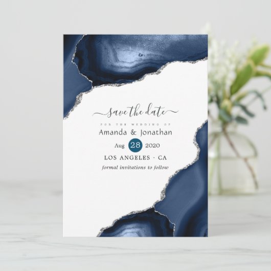 Navy en Silver Agate Wedding Save The Date (Staand voorkant)