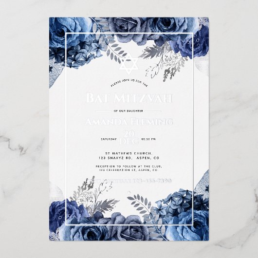Navy en Silver Floral Bat Mitzvah Folie Uitnodiging (Voorkant)
