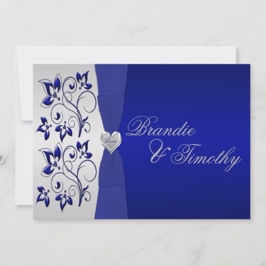 Navy en Silver Floral bruiloft uitnodiging (Voorkant)