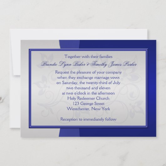 Navy en Silver Floral bruiloft uitnodiging (Achterkant)