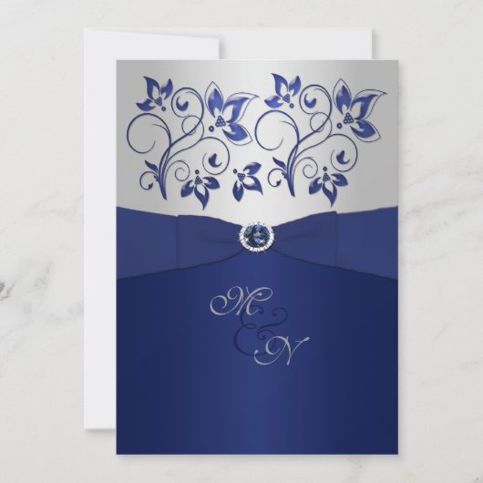 Navy en Silver Floral Monogram Uitnodiging (Voorkant)
