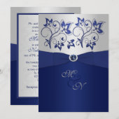 Navy en Silver Floral Monogram Uitnodiging (Voorkant / Achterkant)