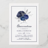 Navy en Silver Floral Quinceañera Folie Uitnodiging (Voorkant)