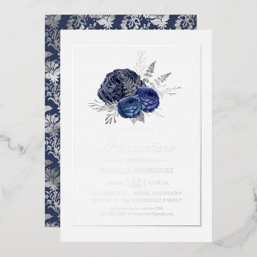 Navy en Silver Floral Quinceañera Folie Uitnodiging (Voorkant / Achterkant)