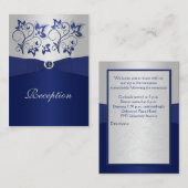 Navy en Silver Floral Receptie Kaart (Voorkant / Achterkant)