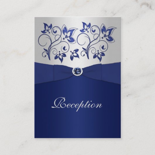Navy en Silver Floral Receptie Kaart (Voorkant)