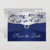 Navy en Silver Floral Save the Date Briefkaart (Voorkant / Achterkant)
