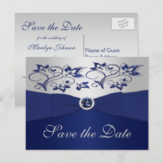 Navy en Silver Floral Save the Date Briefkaart (Voorkant / Achterkant)
