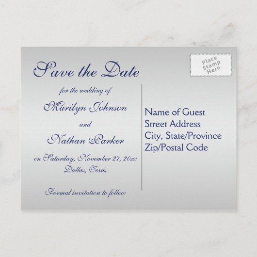 Navy en Silver Floral Save the Date Briefkaart (Achterkant)