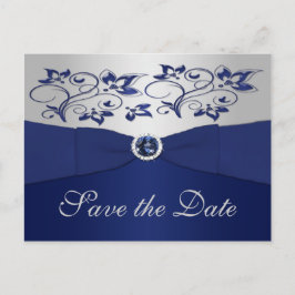 Navy en Silver Floral Save the Date Briefkaart