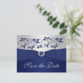 Navy en Silver Floral Save the Date Briefkaart (Staand voorkant)
