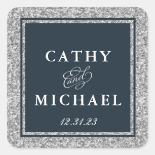 Navy en Silver Glitter Favor Square Sticker