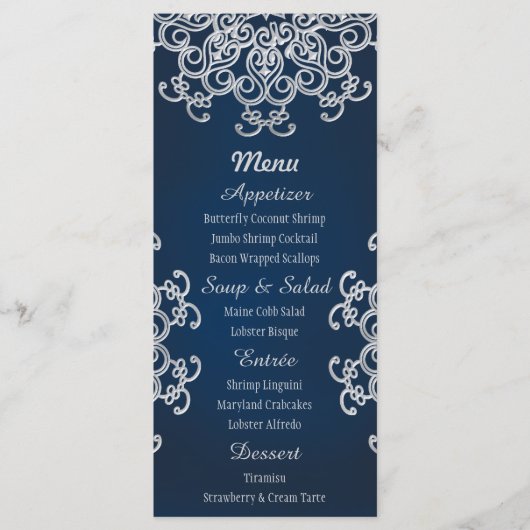 Navy en Silver Indian Style Menu Kaarten (Voorkant)