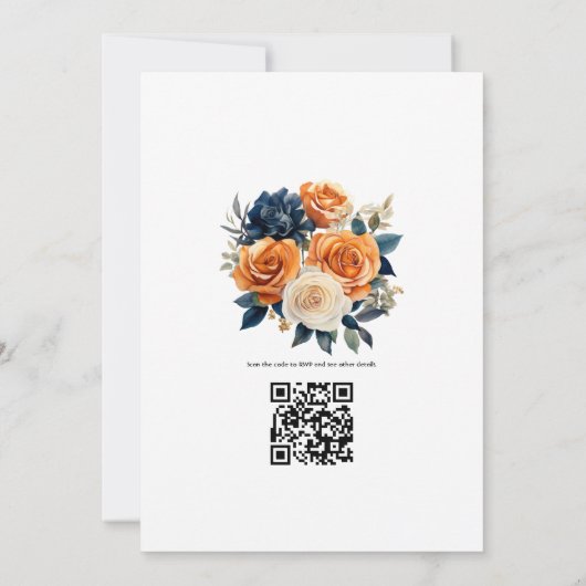 Navy en Sinaasappel Bloemen bruiloft Kaart (Achterkant)