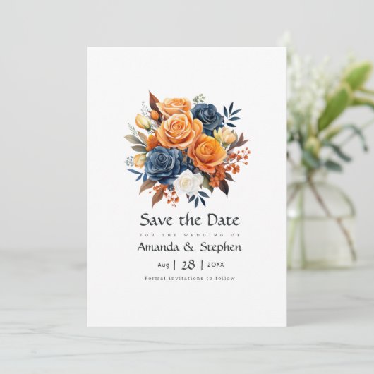 Navy en Sinaasappel Bloemen bruiloft Save The Date (Staand voorkant)