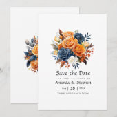 Navy en Sinaasappel Bloemen bruiloft Save The Date (Voorkant / Achterkant)